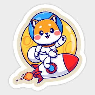 Cute Shiba Inu Astronaut Riding Rocket In Moon Space Cartoon Sticker